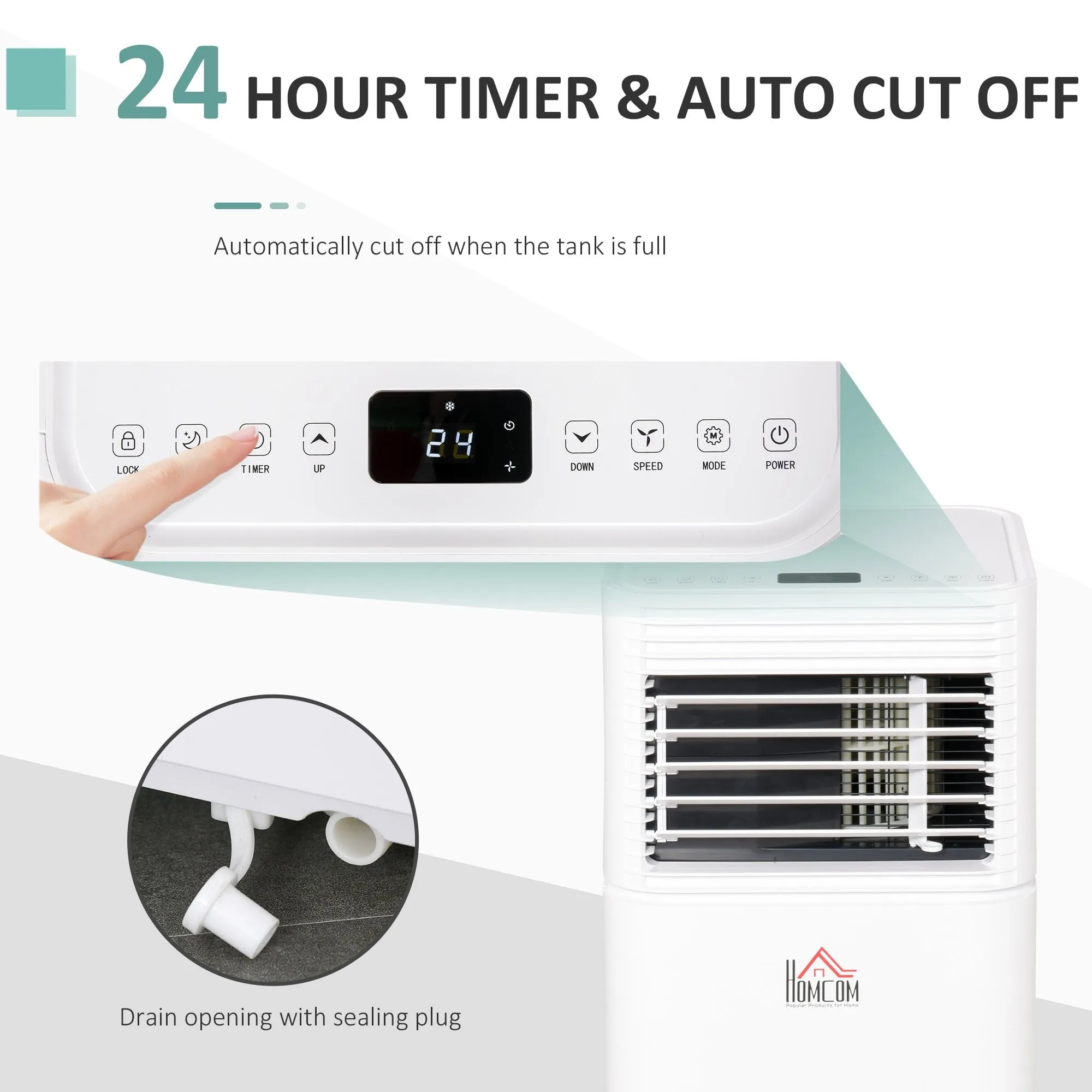 HOMCOM 785W Compact Portable Mobile Air Conditioner Unit Cooling Dehumidifying Ventilating w/ Fan Remote LED Display 24 Hr Timer Auto Shut Down Home Office Summer 4 Modes White