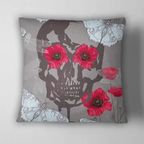 Ice Blue Moth, Poppy & Skull Throw Pillow