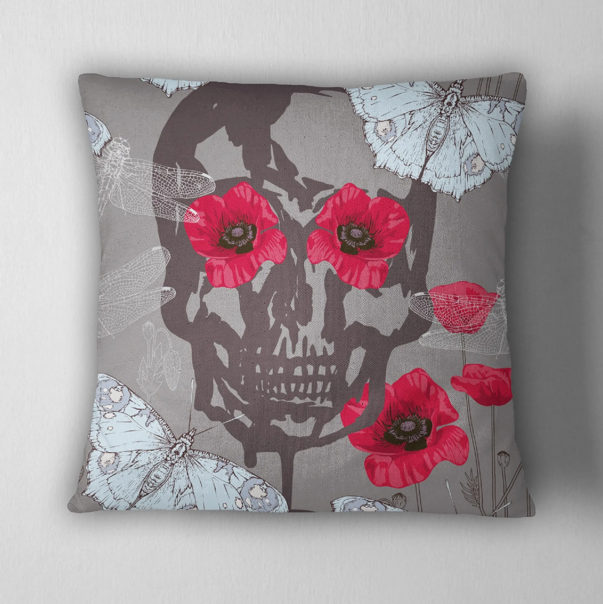 Ice Blue Moth, Poppy & Skull Throw Pillow