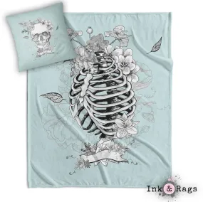 Ice Blue Torso Skeleton Skull Decorative Throw and Pillow Cover Set