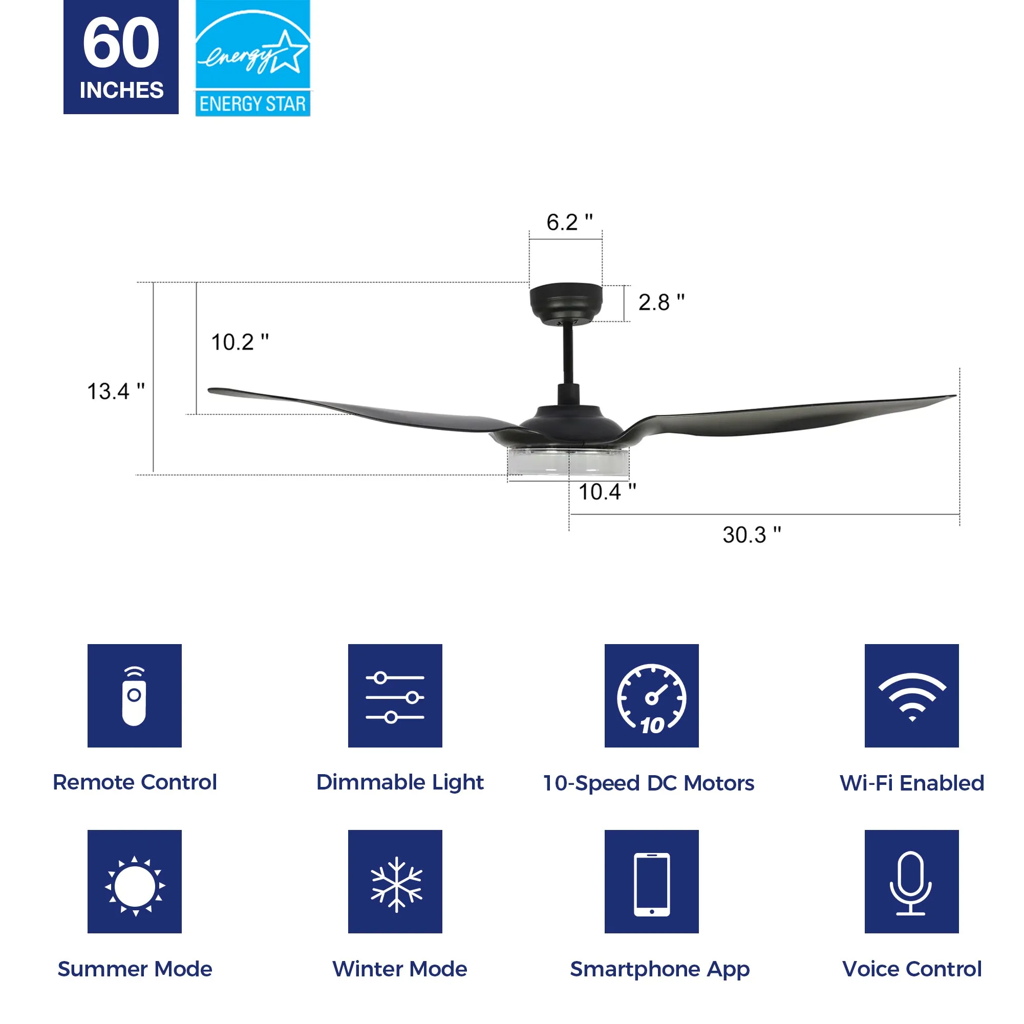 Icebreaker 60 inch Smart Ceiling Fan with Integrated LED Light and Remote