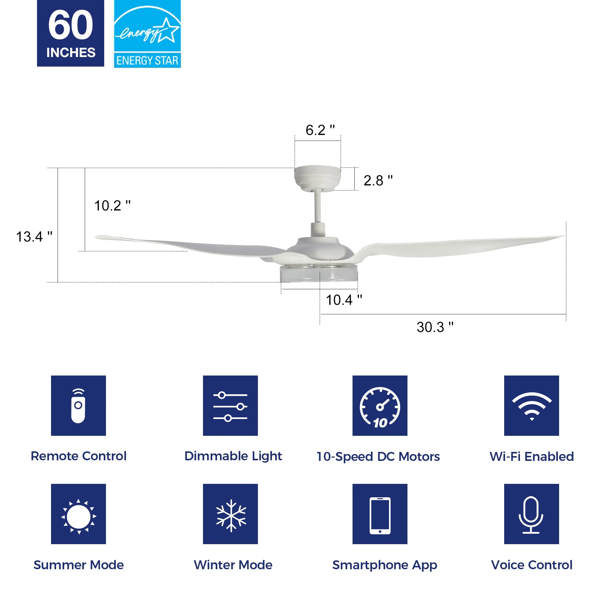 Icebreaker 60 inch Smart Ceiling Fan with Integrated LED Light and Remote