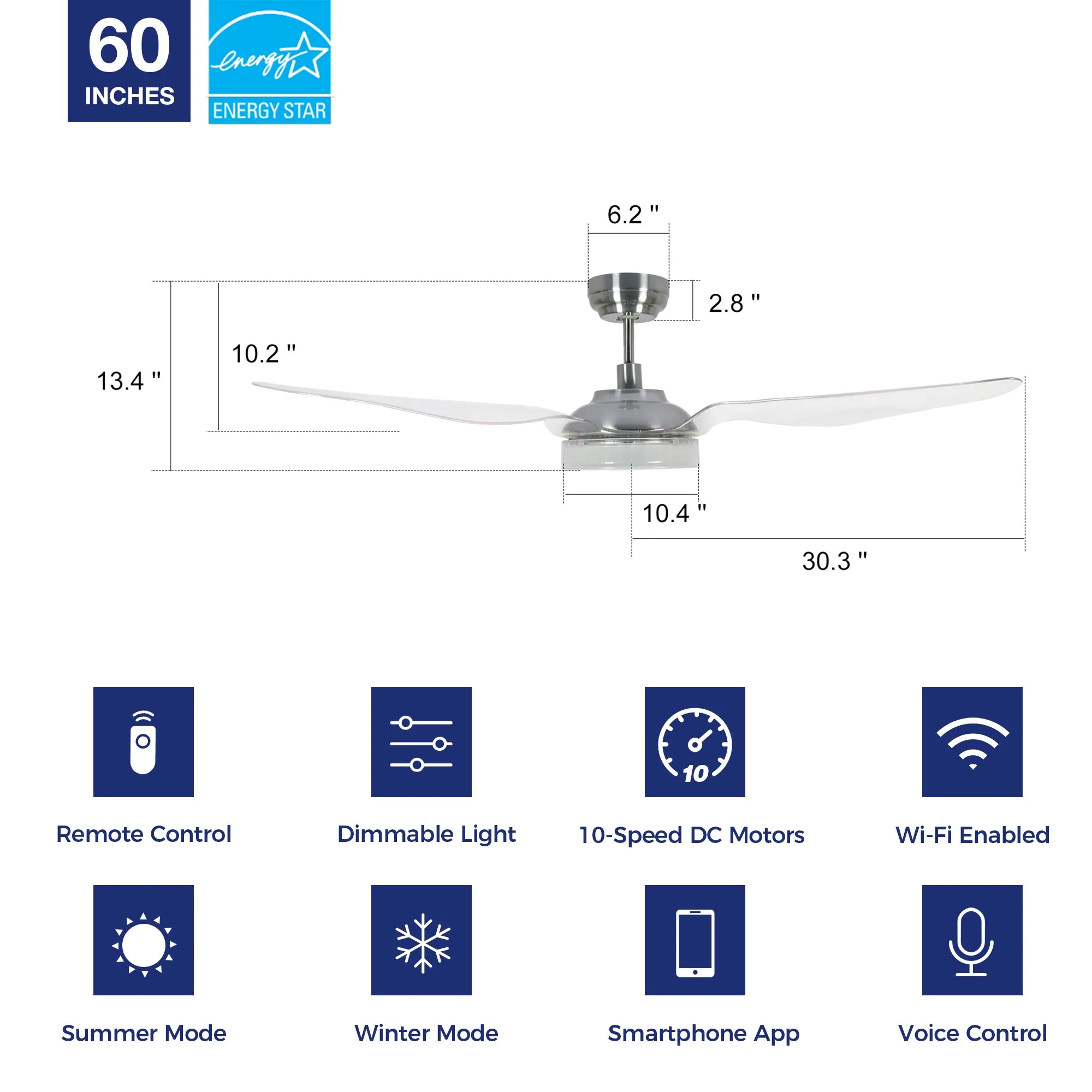 Icebreaker 60 inch Smart Ceiling Fan with Integrated LED Light and Remote