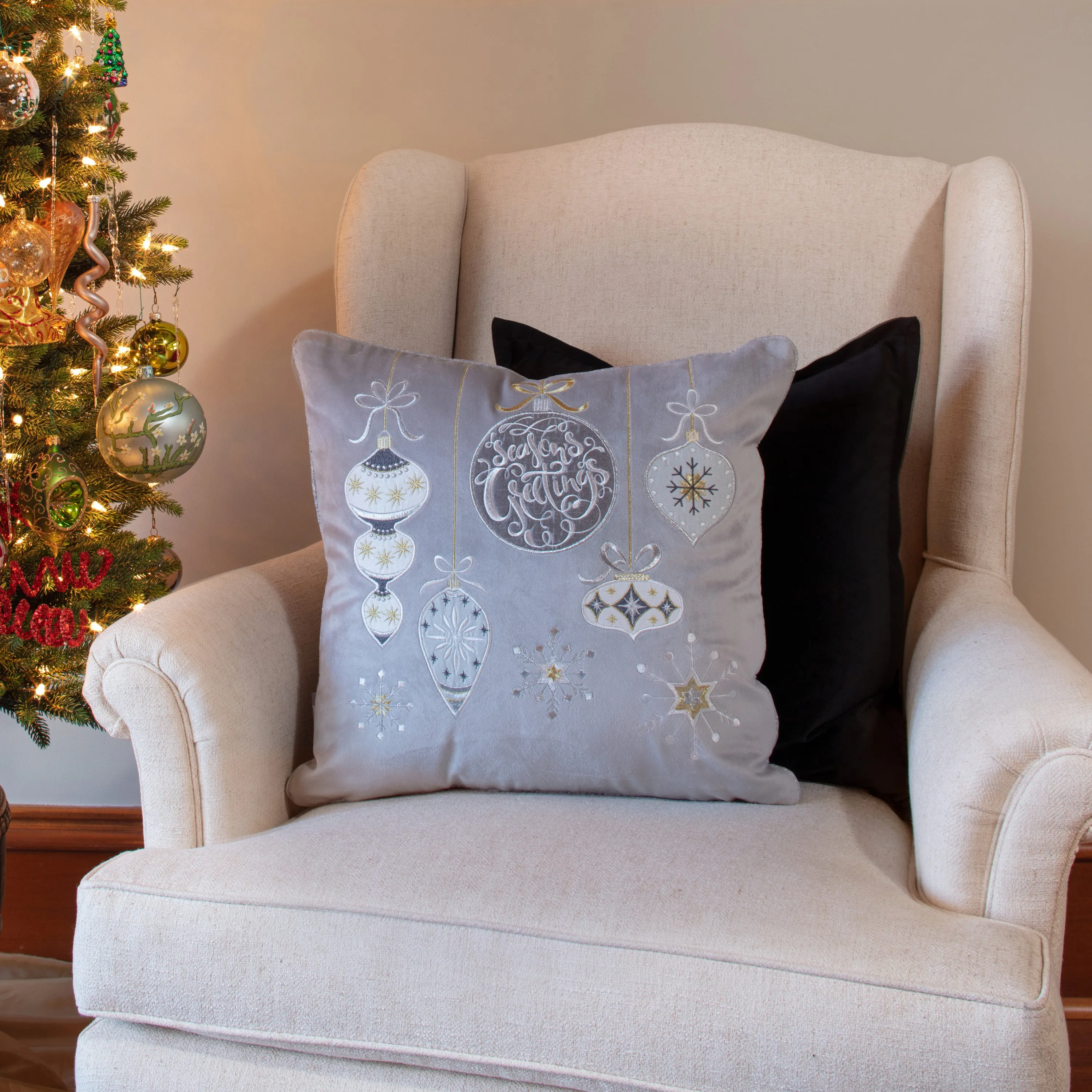 Indoor Christmas Velvet Ornaments Gray 17-inch Throw Pillow Cover