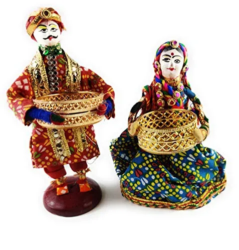 JH Gallery Handmade Recycled Material Puppet Diyas Rajasthani Dolls Tealight/Diya/Diwali Diya/Festive Diya/Lightining Diya/Figurine Diya/Idol DiyasGift for Diwali (15 cm x 15 cm) (1 Pair)