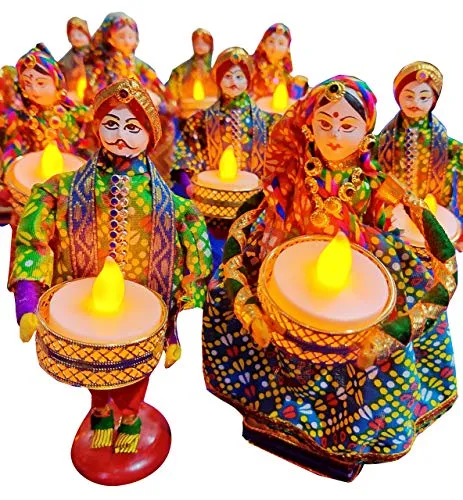 JH Gallery Handmade Recycled Material Puppet Diyas Rajasthani Dolls Tealight/Diya/Diwali Diya/Festive Diya/Lightining Diya/Figurine Diya/Idol DiyasGift for Diwali (15 cm x 15 cm) (1 Pair)