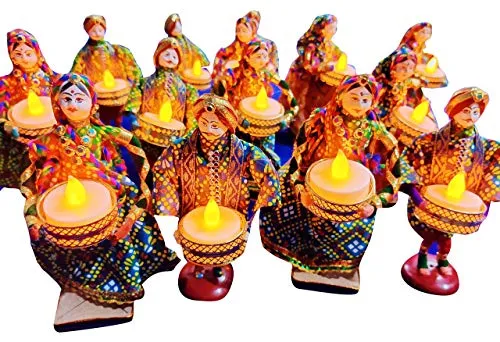 JH Gallery Handmade Recycled Material Puppet Diyas Rajasthani Dolls Tealight/Diya/Diwali Diya/Festive Diya/Lightining Diya/Figurine Diya/Idol DiyasGift for Diwali (15 cm x 15 cm) (1 Pair)