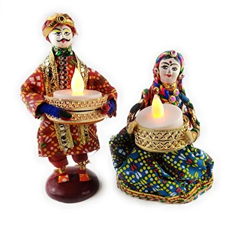 JH Gallery Handmade Recycled Material Puppet Diyas Rajasthani Dolls Tealight/Diya/Diwali Diya/Festive Diya/Lightining Diya/Figurine Diya/Idol DiyasGift for Diwali (15 cm x 15 cm) (1 Pair)