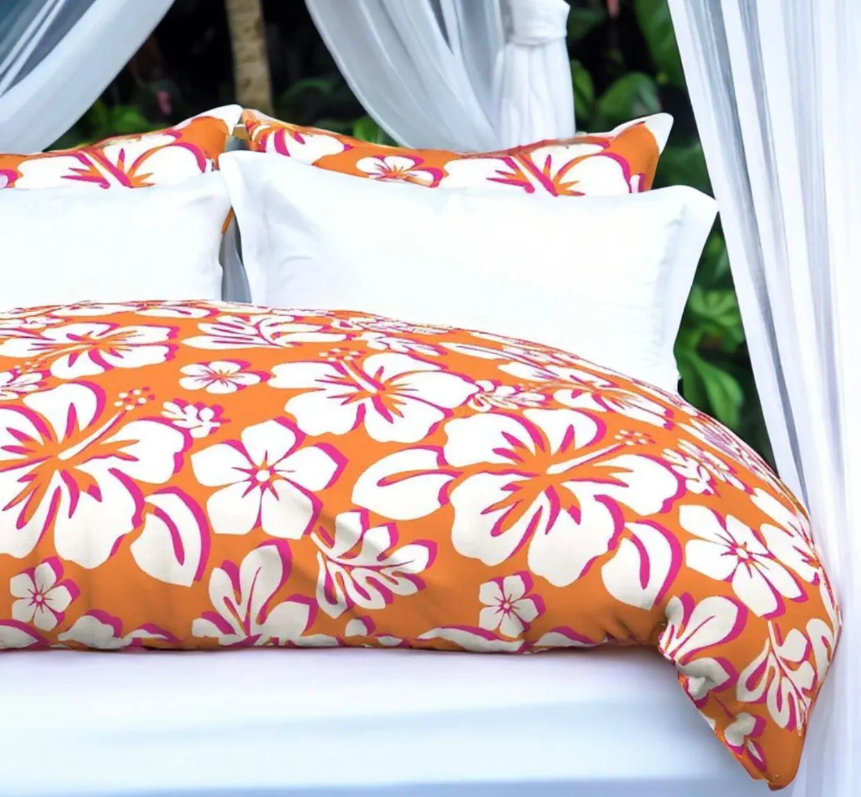 Juicy Orange, White and Surfer Girl Pink Hibiscus and Hawaiian Flowers Duvet Cover - Medium Scale