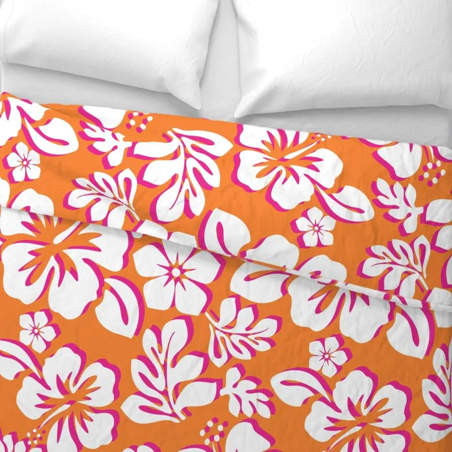 Juicy Orange, White and Surfer Girl Pink Hibiscus and Hawaiian Flowers Duvet Cover - Medium Scale