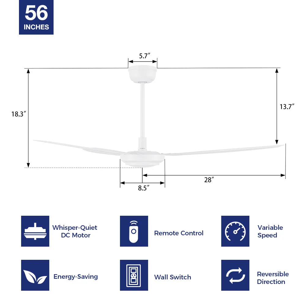 Kade 56 inch DC Motor Ceiling Fan with Remote and Wall Switch(NO LED)