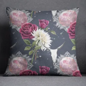 Mandala Moon Bull Skull and Rose Throw Pillow