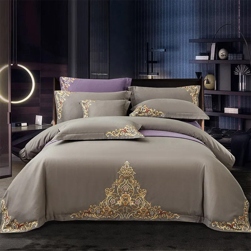 Mariana Centered Embroidered Motif Duvet Cover Set-Coffe Grey