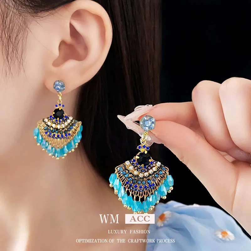 Medieval Fan-Shape Geometric Artificial Crystal Electroplating Earrings