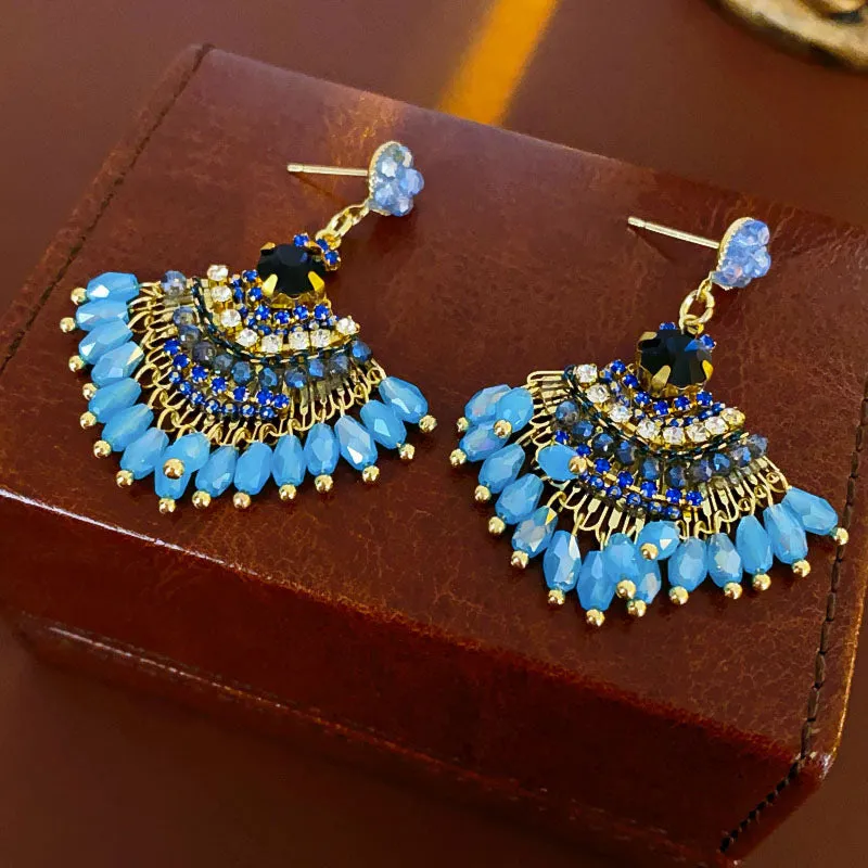 Medieval Fan-Shape Geometric Artificial Crystal Electroplating Earrings