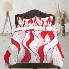 Mid century modern bedroom art set red and white duvet cover, aesthetic room decor boho chic bedding set full, colorful maximalist retro