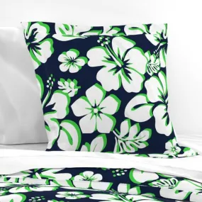 Navy Blue, Lime Green and White Hawaiian Hibiscus Flowers Euro Pillow Sham