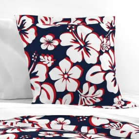 Navy Blue, Red and White Hawaiian Hibiscus Flowers Euro Pillow Sham