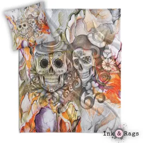 Orange Pencil Sketch Sugar Skull Couple Throw and Pillow Cover Set