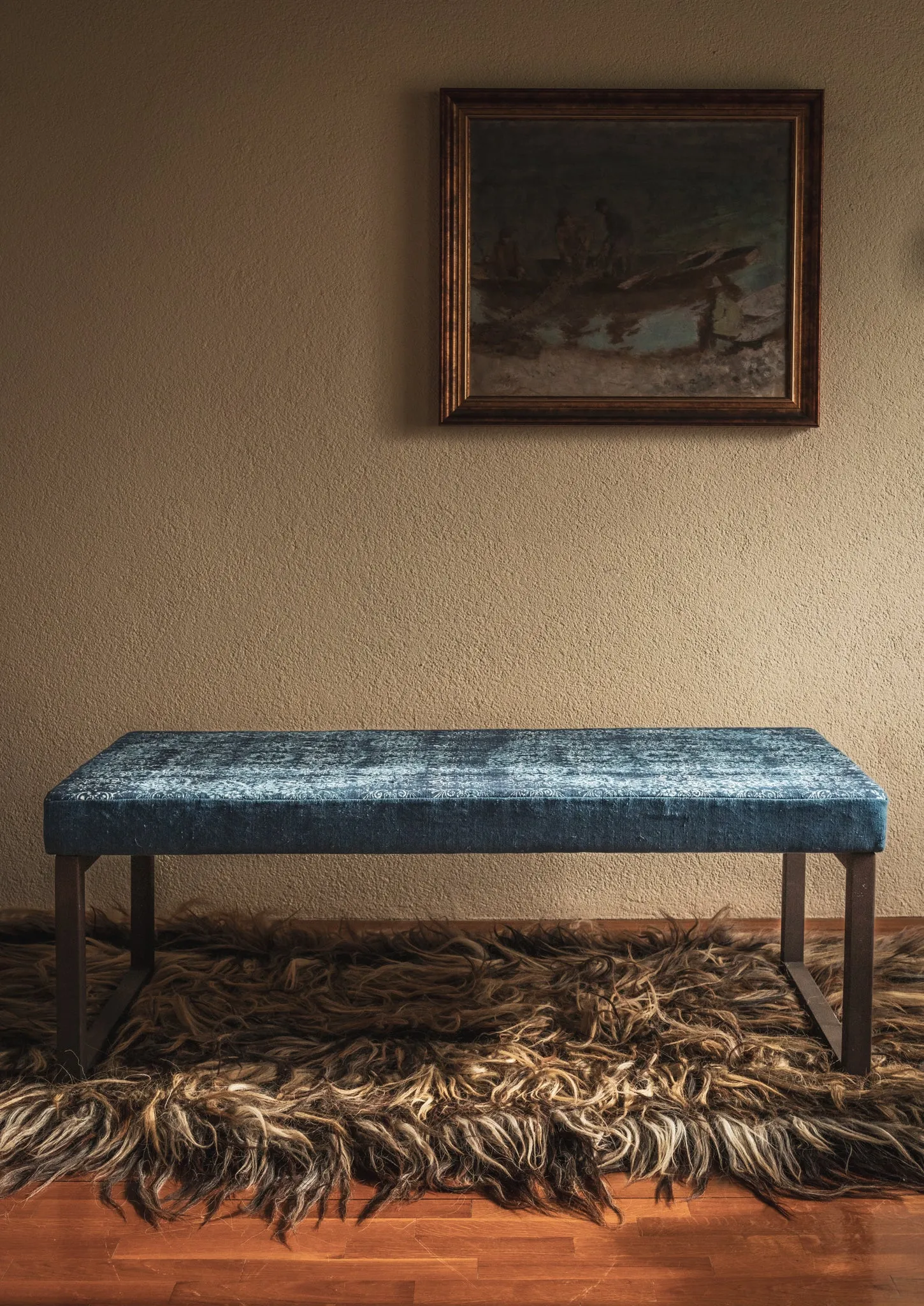 Ottoman: Wax resist indigo on handwoven antique Hungarian hemp - F10