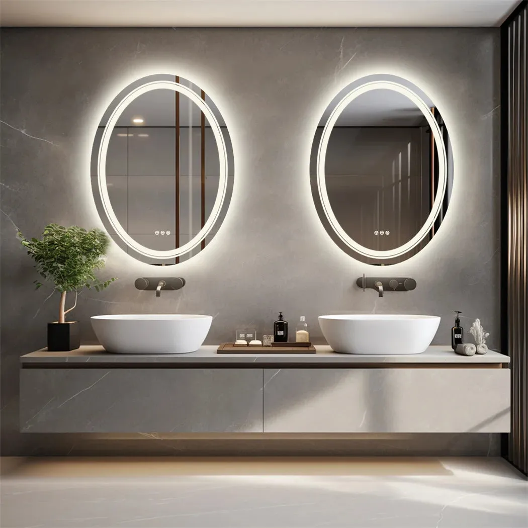 Oval Frameless Bathroom Mirror with Dimmable Dual LED, Anti-Fog, and 3 Color Modes