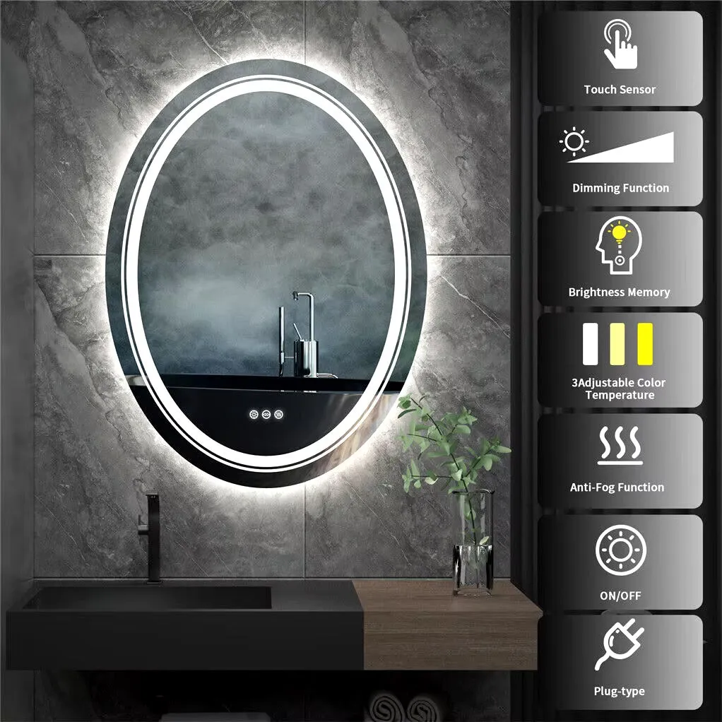 Oval Frameless Bathroom Mirror with Dimmable Dual LED, Anti-Fog, and 3 Color Modes