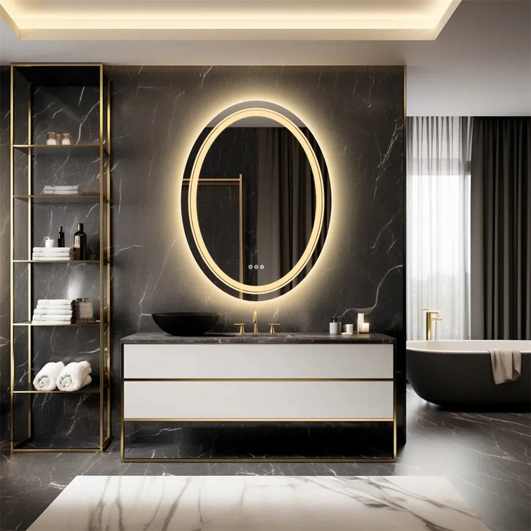 Oval Frameless Bathroom Mirror with Dimmable Dual LED, Anti-Fog, and 3 Color Modes