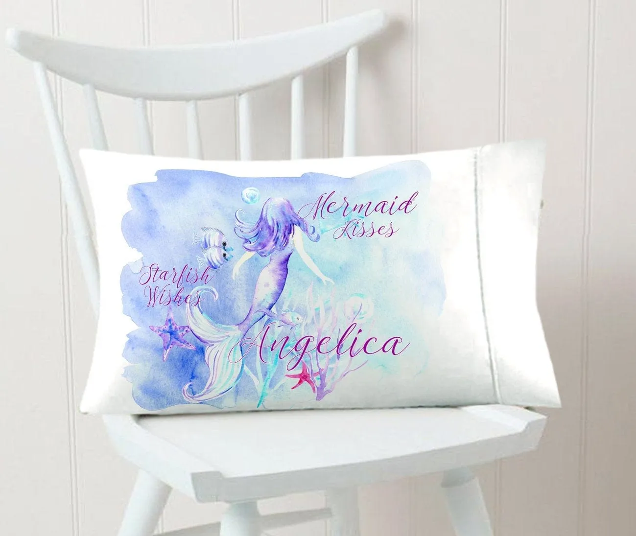 Personalized Mermaid Pillowcase Mermaid Decor - Mermaid Kisses Starfish Wishes Pillow Case for Girls, Teens or Adult Mermaids