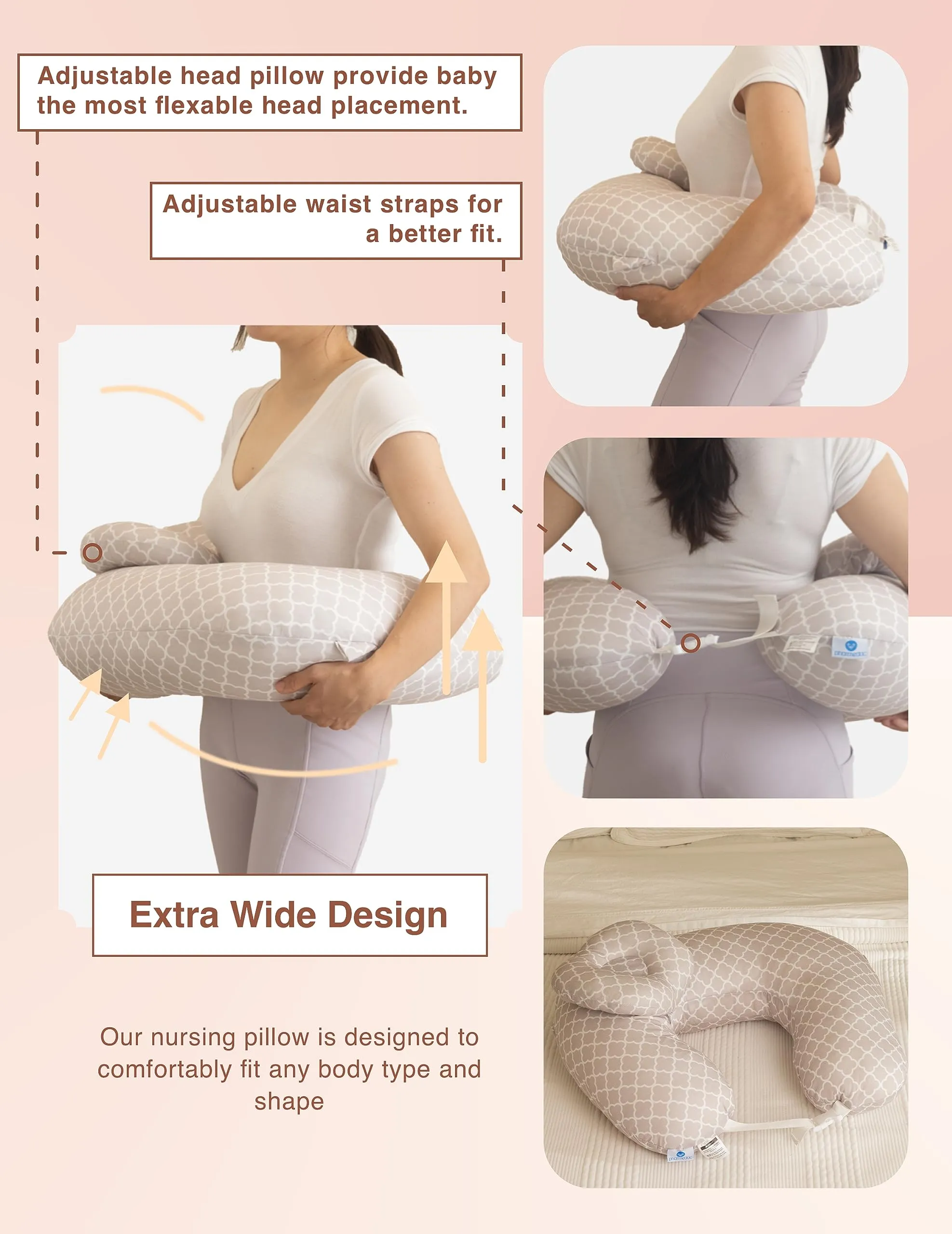 Pharmedoc Nursing Pillow for Breastfeeding - With Headrest & Adjustable Waist Straps - Removable Cover