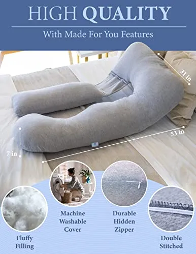 Pharmedoc Pregnancy Pillow, Grey U-Shape Full Body Pillow and Maternity Support - Support for Back, Hips, Legs, Belly for Pregnant Women