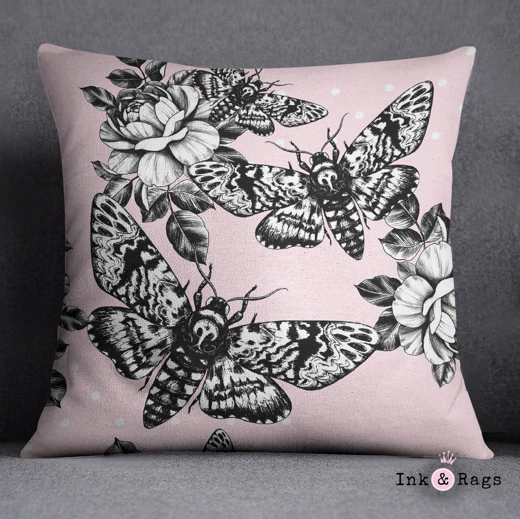 Pink Death Head Moth Skull and Rose Decorative Throw and Pillow Cover Set