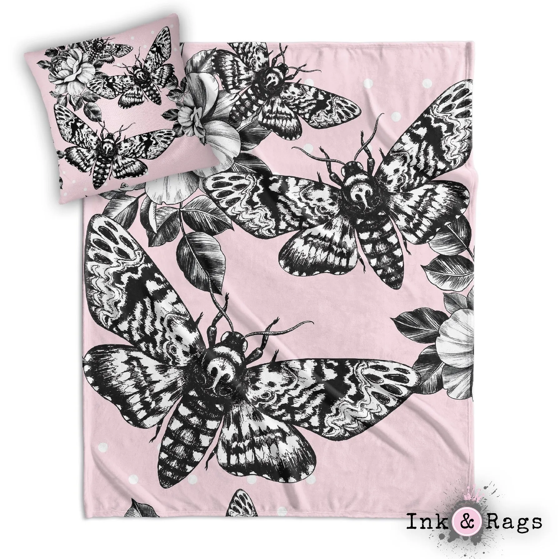 Pink Death Head Moth Skull and Rose Decorative Throw and Pillow Cover Set