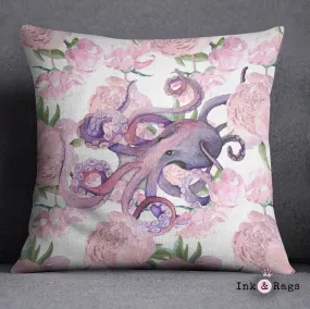 Pink Peony Purple Octopus Throw Pillow