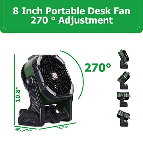 Portable Camping Fan Rechargeable Battery Powered Fan, Outdoor Fan Rechargeable Portable Fan with LED Lantern, 270°Rotation Battery Operated Fan USB Desk Fan Table Fan Personal Fan for Tents with Hook