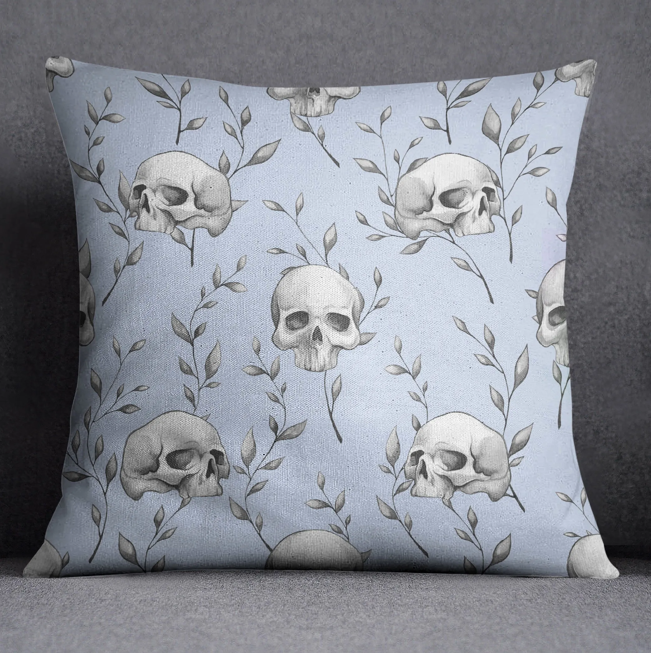 Powder Blue Skull and Branch Decorative Throw and Pillow Cover Set