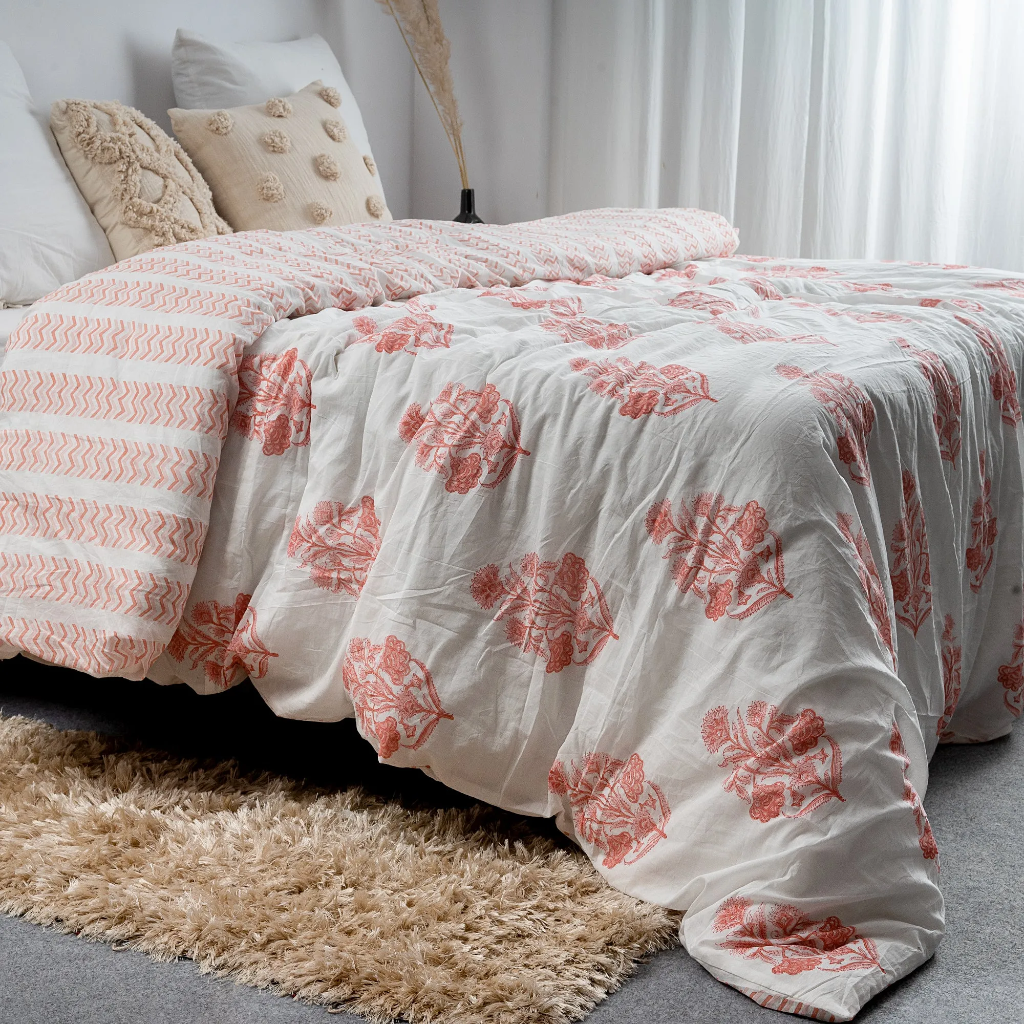 Premium Floral Hand Block Print Cotton Duvet Blanket With Shams