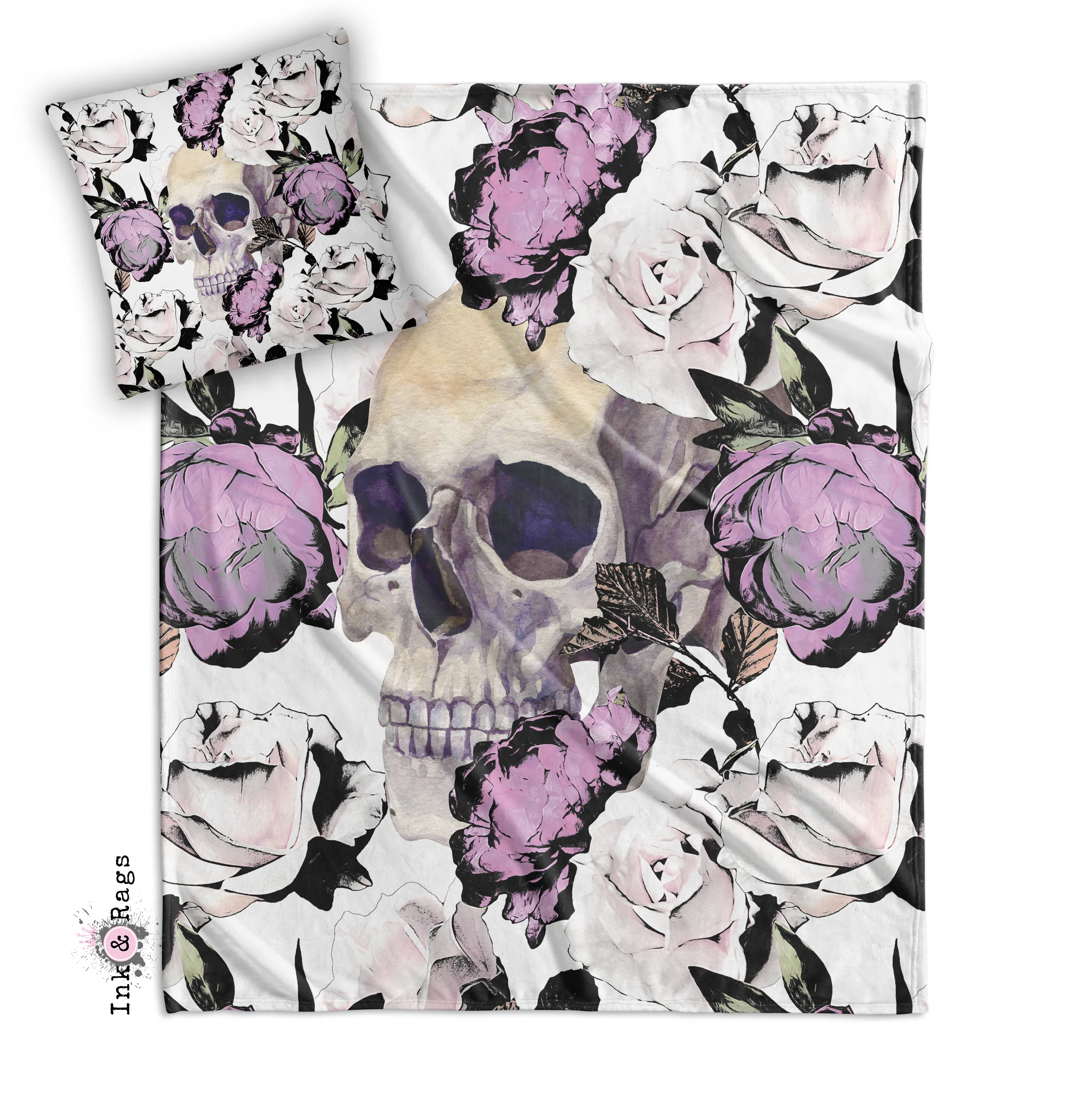 Purple Roses and Peeking Skull Decorative Throw and Pillow Cover Set