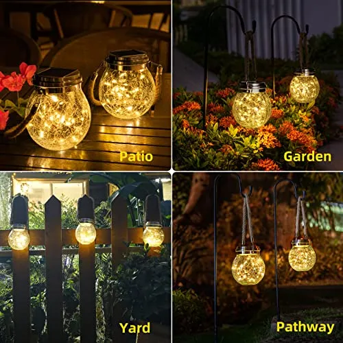 ROSHWEY Solar Lantern, 2 Pack Garden Decor Lights Waterproof Outdoor Lanterns with 30 LED Christmas Halloween Decorations Solar Lights Patio Hanging Lights for Backyard Fence Pathway, Warm White