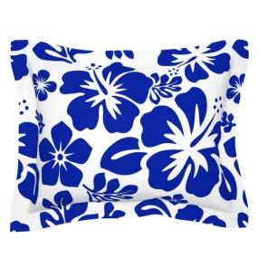 Royal Blue Hawaiian Hibiscus Flowers on White Pillow Sham