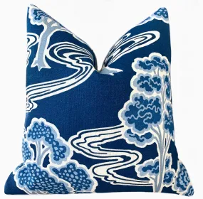 Schumacher Tree River Pillow Cover / Deep Blue & Ivory