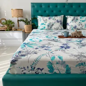 Serene 200 TC 100% Cotton Bedsheet with Pillow Covers - Floral Feast Turquoise