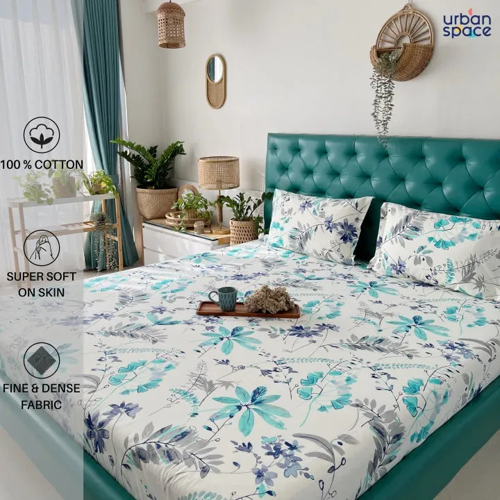 Serene 200 TC 100% Cotton Bedsheet with Pillow Covers - Floral Feast Turquoise