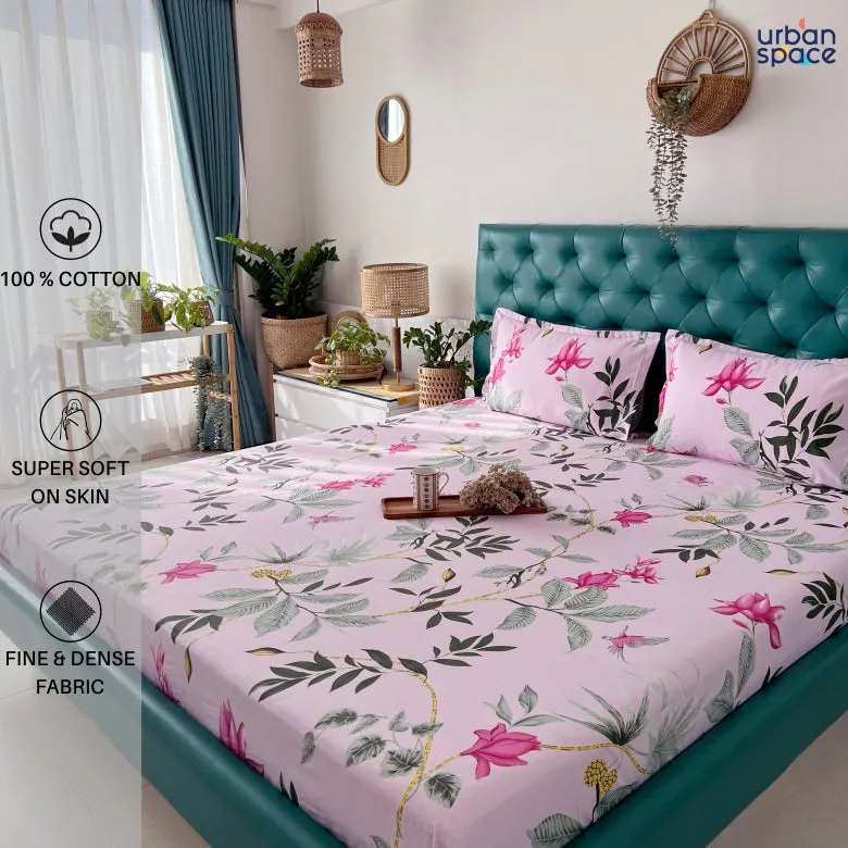 Serene 200 TC 100% Cotton Printed Bedsheet with Pillow Covers, Bloom Ray Pink