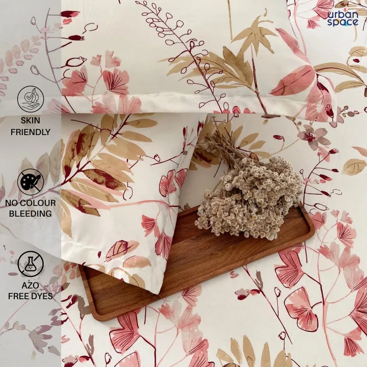 Serene 200 TC 100% Cotton Printed Bedsheet with Pillow Covers - Floral Feast Peach