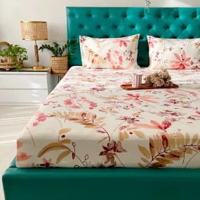 Serene 200 TC 100% Cotton Printed Bedsheet with Pillow Covers - Floral Feast Peach