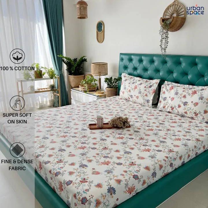 Serene 200 TC 100% Cotton Printed Bedsheet with Pillow Covers - Paradise Peach & Blue