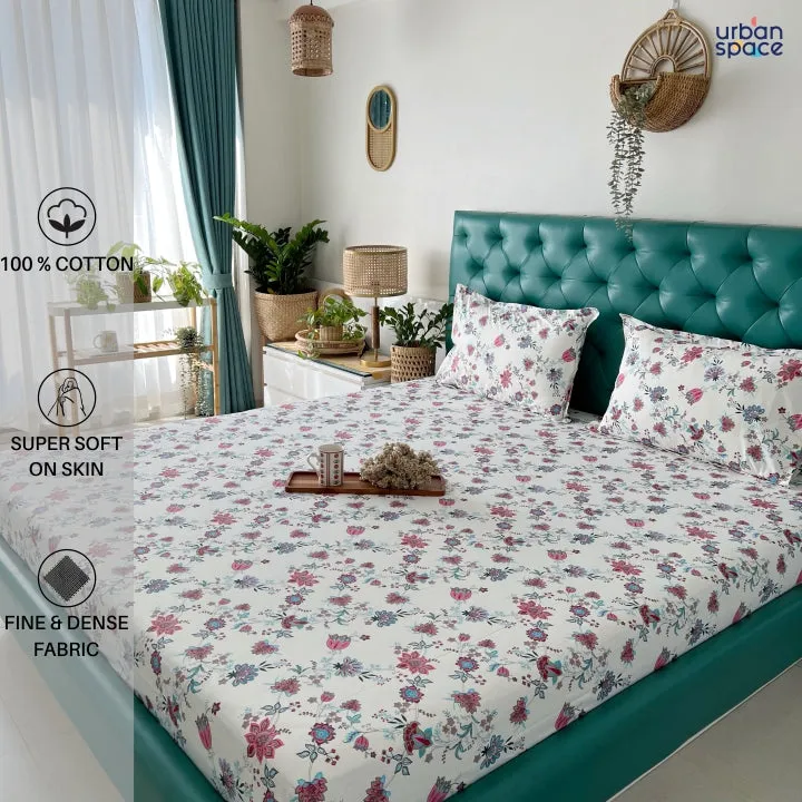 Serene 200 TC 100% Cotton Printed Bedsheet with Pillow Covers - Paradise Pink & Blue