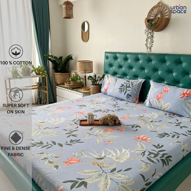 Serene 200 TC 100% Cotton Single Printed Bedsheet with Pillow Covers - Bloom Ray Blue Grey