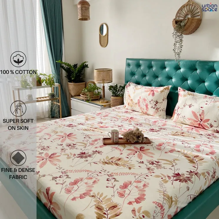 Serene 200 TC 100% Cotton Single Printed Bedsheet with Pillow Covers - Floral Feast Peach