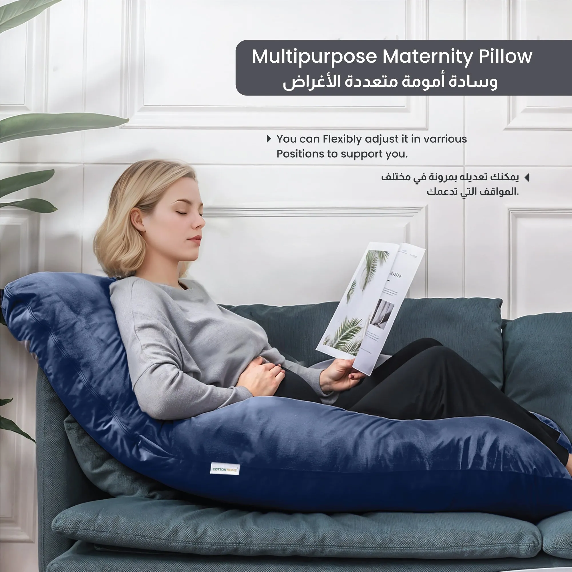 Serenity Velvet Pregnancy Pillow G-Shape Full Body Pillow  With Removable Cover Navy Blue